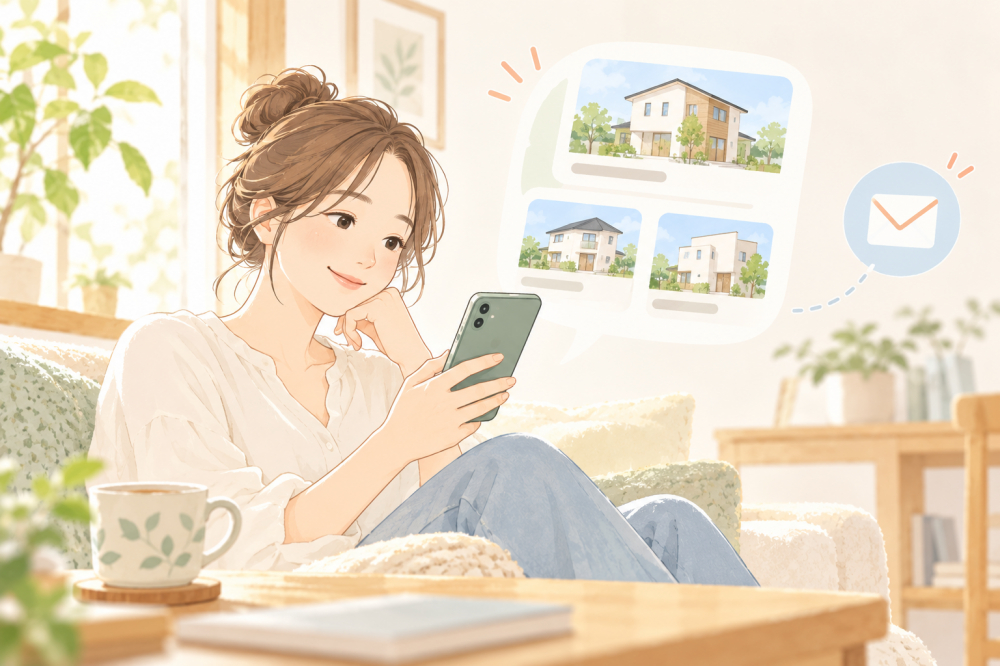 お茶を飲みながらスマートフォンで住まいを探すイメージ