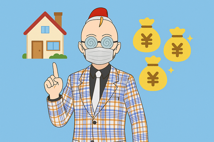 宇都宮市の空き家を投資としての活用も示唆している男性不動産営業のイラスト画像