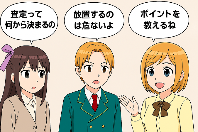 宇都宮市の不動産の査定のポイントを話しあっている男性と2人の女性の不動産営業マンのイラスト画像