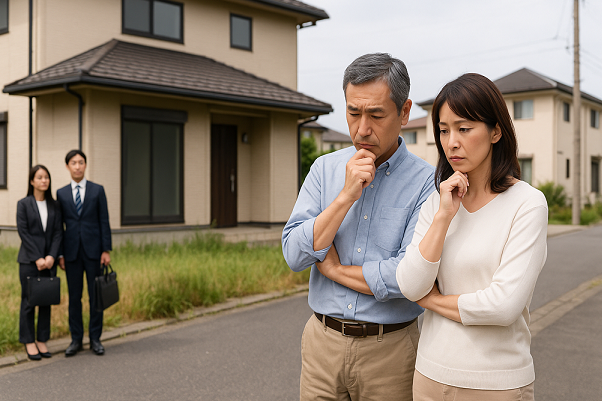 不動産の前で男女2人の営業マンが見守る中で所有者が活用方法をどうしようかと夫婦で考えている様子を描写した画像。（宇都宮市）