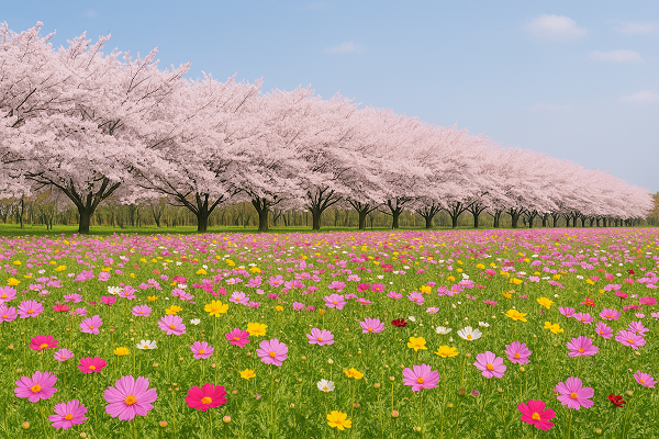 満開の桜並木が続く風景。大切な人との思い出や家族のつながりを表す相続の象徴的なイメージです。