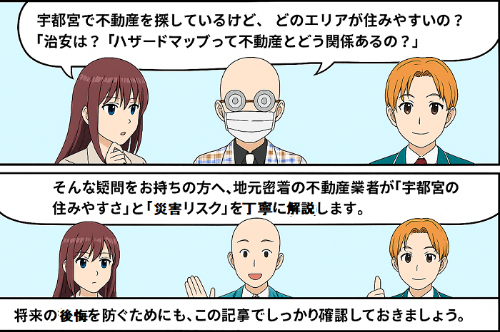 宇都宮の治安と災害について3人の不動産営業が話しているイラスト画像