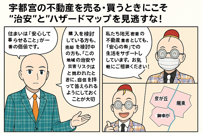 宇都宮の不動産購入時の治安と災害の確認の大切さについて2人の不動産営業が話しているイラスト画像
