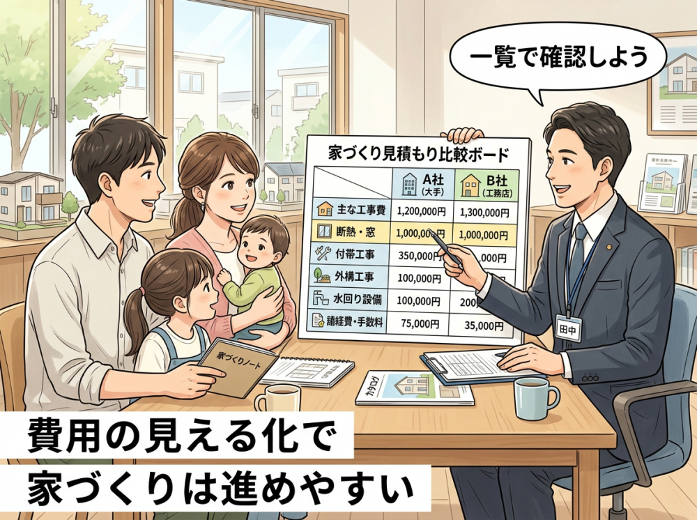 家づくりの費用配分を比較するイメージ