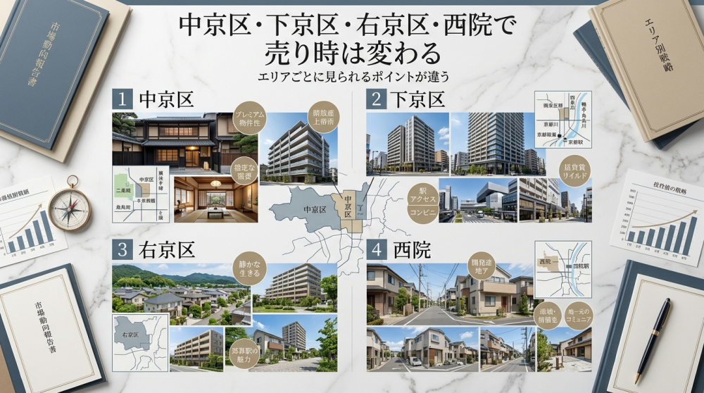 中京区下京区右京区西院周辺の不動産売却タイミングを確認するイメージ