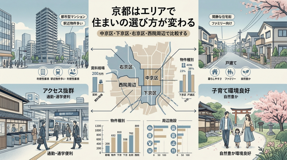 京都市中京区下京区右京区の住まい選びを比較するイメージ