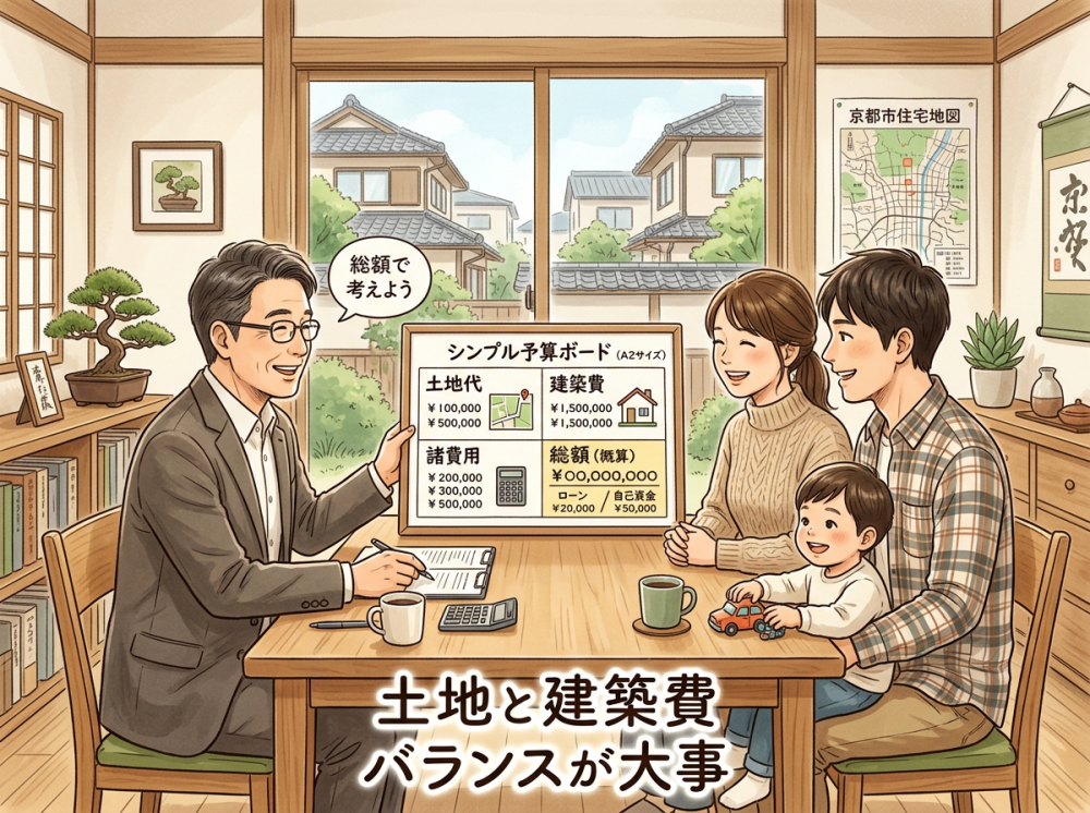 京都で土地と建築費のバランスを考えながら新築戸建てを計画するイメージ