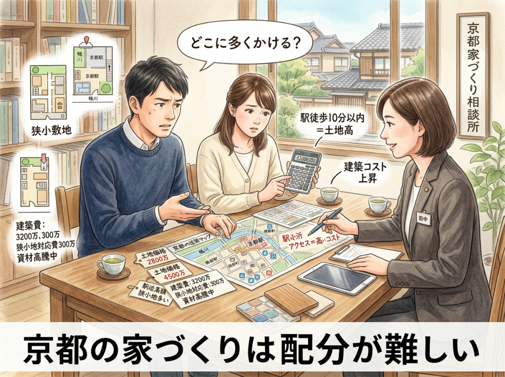 京都の新築戸建て計画で土地代と建築費の配分を考えるイメージ