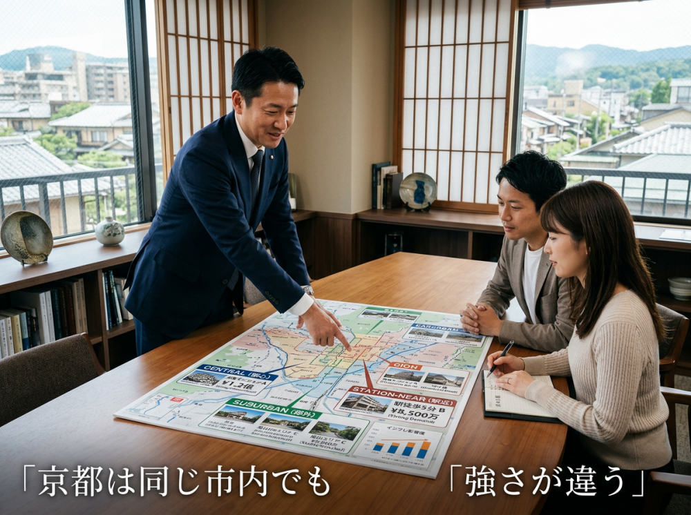 京都のエリア差と不動産市況をイメージする画像