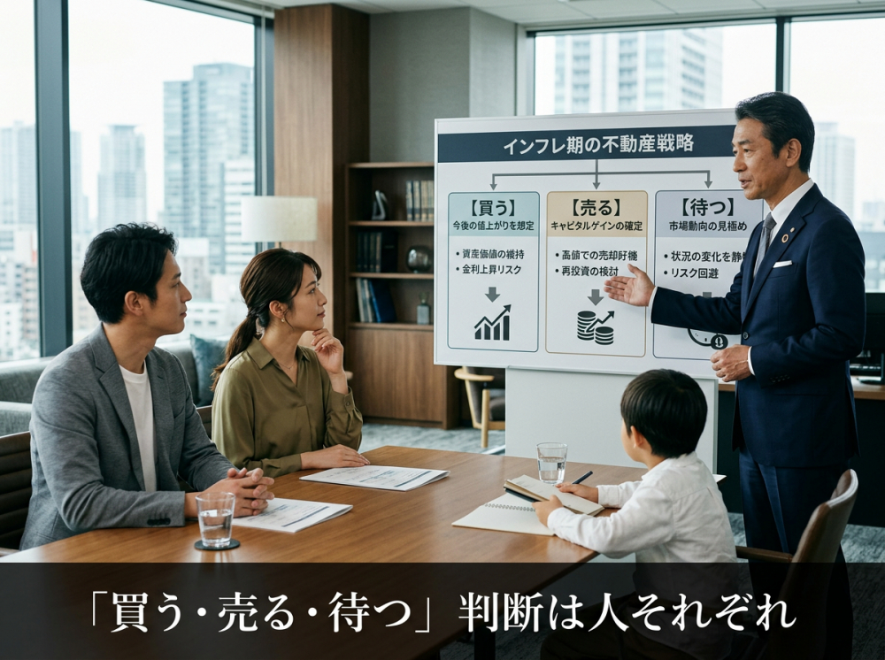 買う・売る・待つの判断比較をイメージする画像