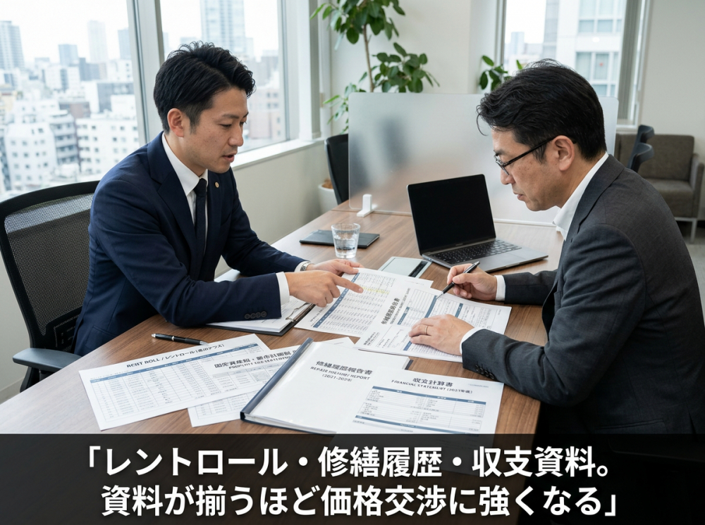 レントロールや修繕履歴など売却資料を整理するイメージ