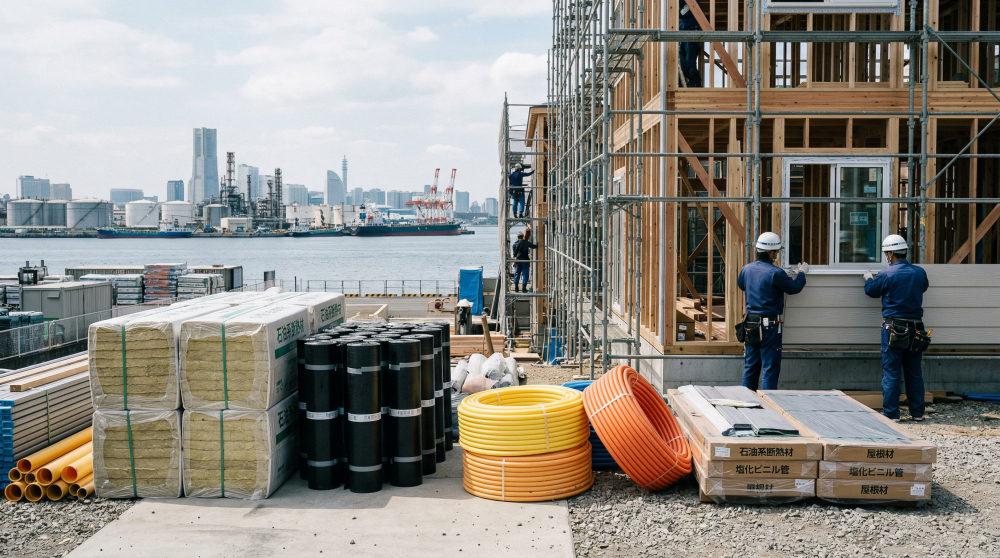 原油と建築資材の関係をイメージする画像