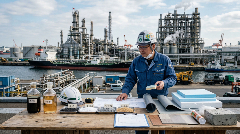 原油からナフサ、樹脂、建材へつながる流れをイメージする画像