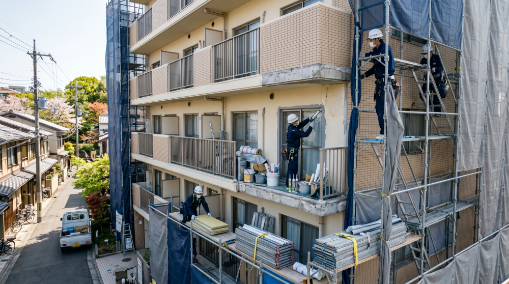 マンション大規模修繕の外壁塗装や防水工事をイメージする画像