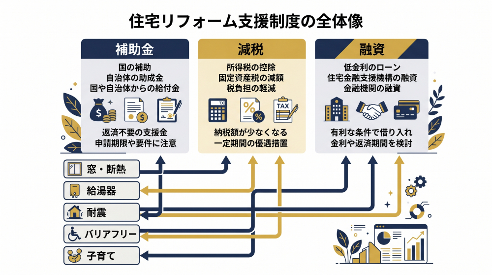 補助金・減税・融資の3区分と工事種別の対応関係を示したインフォグラフィック
