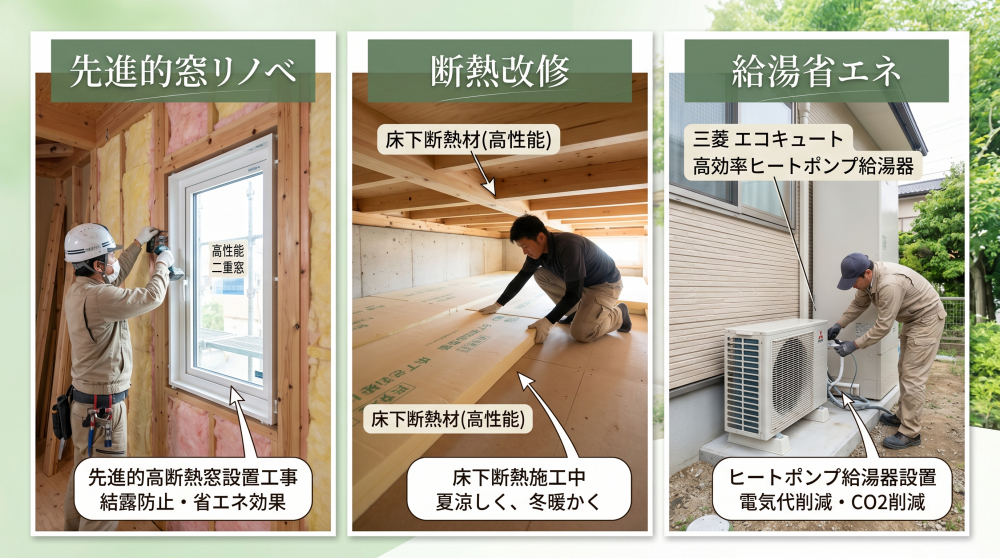 窓改修・断熱工事・給湯器交換を組み合わせた省エネリフォームのコラージュ写真または公式バナーイメージ。