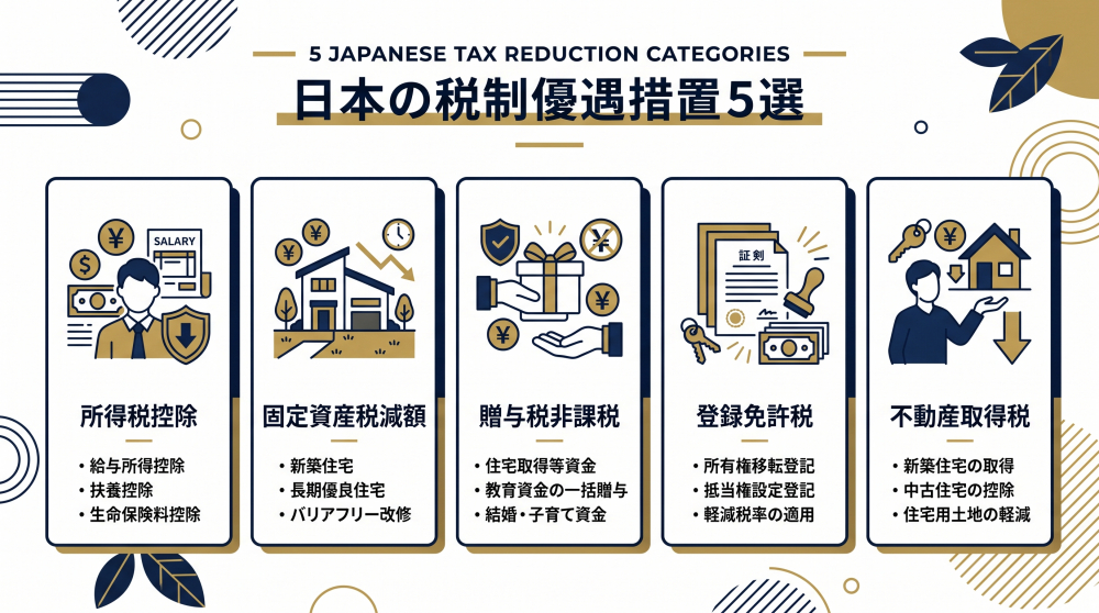 所得税・固定資産税・贈与税・登録免許税・不動産取得税を5つのアイコンで区別したインフォグラフィック。