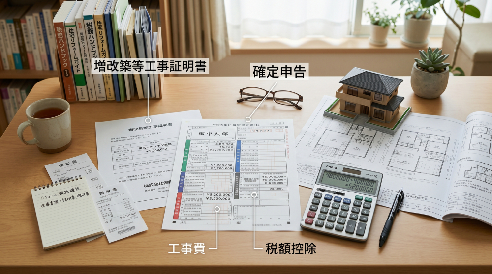 増改築等工事証明書・確定申告書・税務署などを連想させる書類・手続きの写真。整理されたデスクで書類を確認するシーン。。