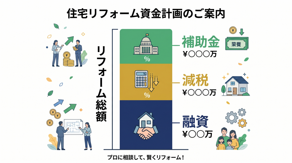 補助金＋減税＋融資を組み合わせた資金計画図、またはコスト分担を示した図表。