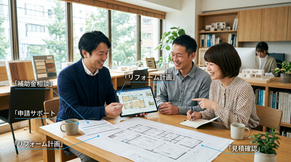 建築士・リフォーム会社スタッフと家族が打ち合わせしている写真。明るく安心感のある雰囲気