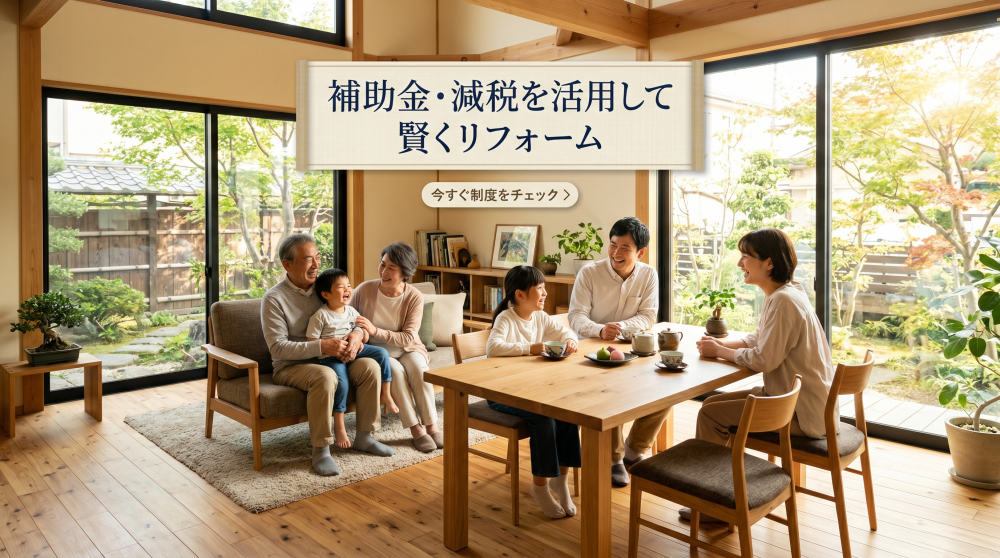 リフォーム完成後の明るい住まいと幸せな家族の写真。三世代家族が集うリビングなど。