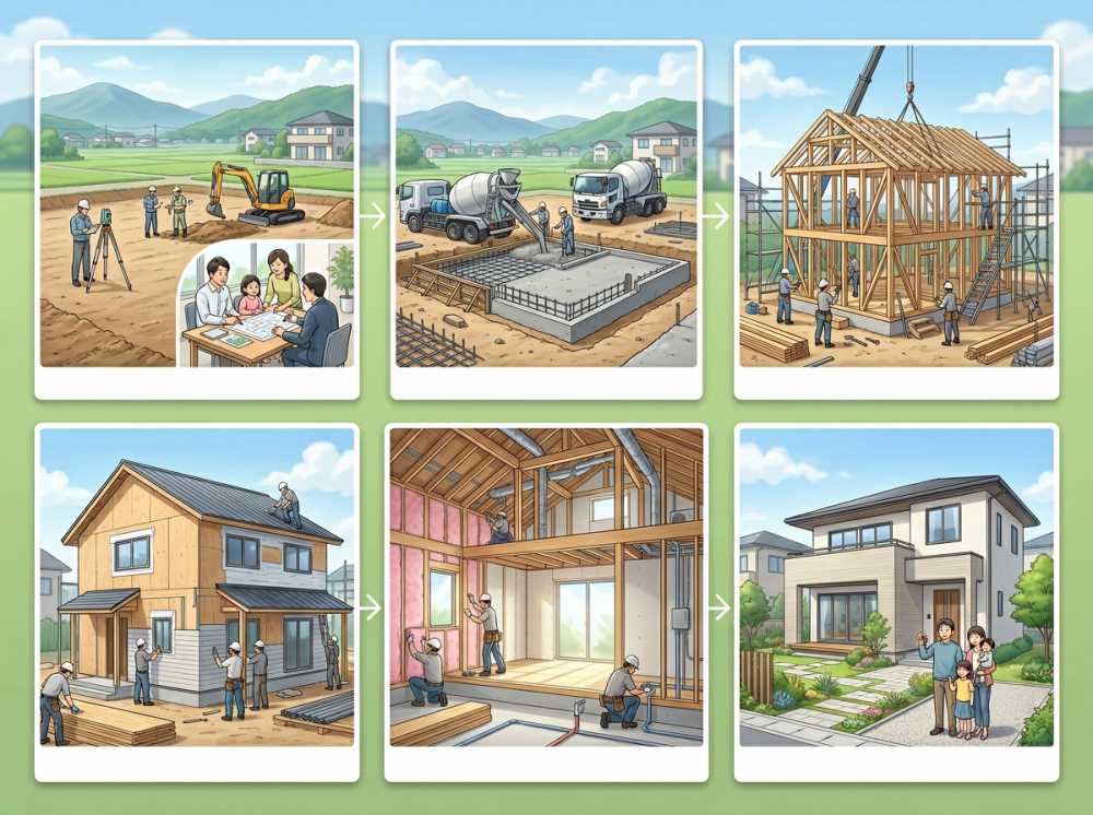 新築戸建て工事の全体工程を図解したイメージ