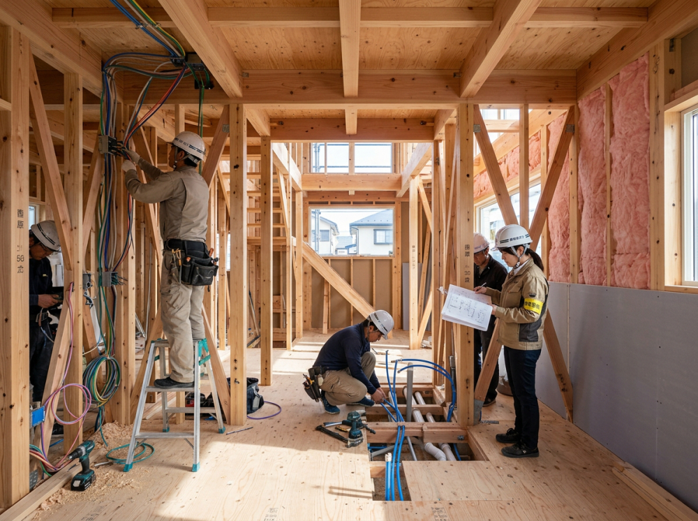 新築戸建ての内部配線配管断熱工事のイメージ