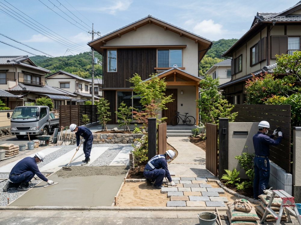 新築戸建ての外構工事とアプローチのイメージ