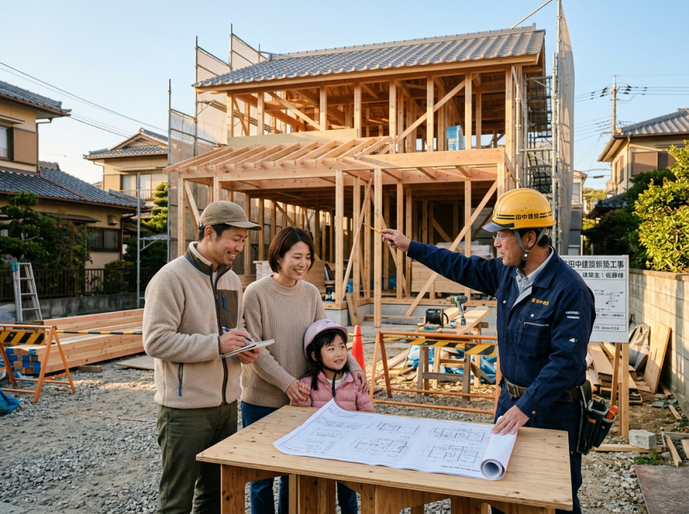 新築戸建ての現場確認をする施主家族のイメージ