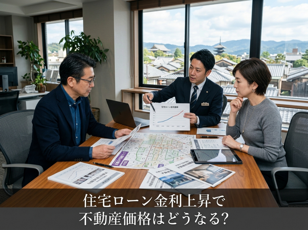 住宅ローン金利上昇と京都の不動産価格の関係をイメージする画像