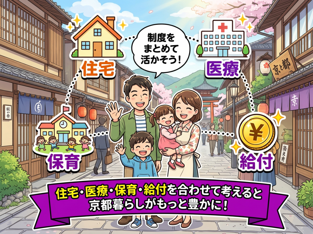 京都市で制度を活用しながら子育てしやすい暮らしを考える家族のイメージ