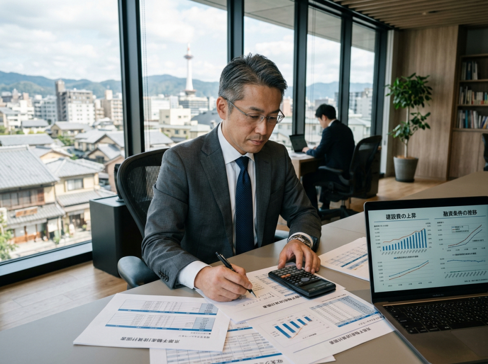 建築費上昇下で収益不動産の事業計画を考える投資家のイメージ