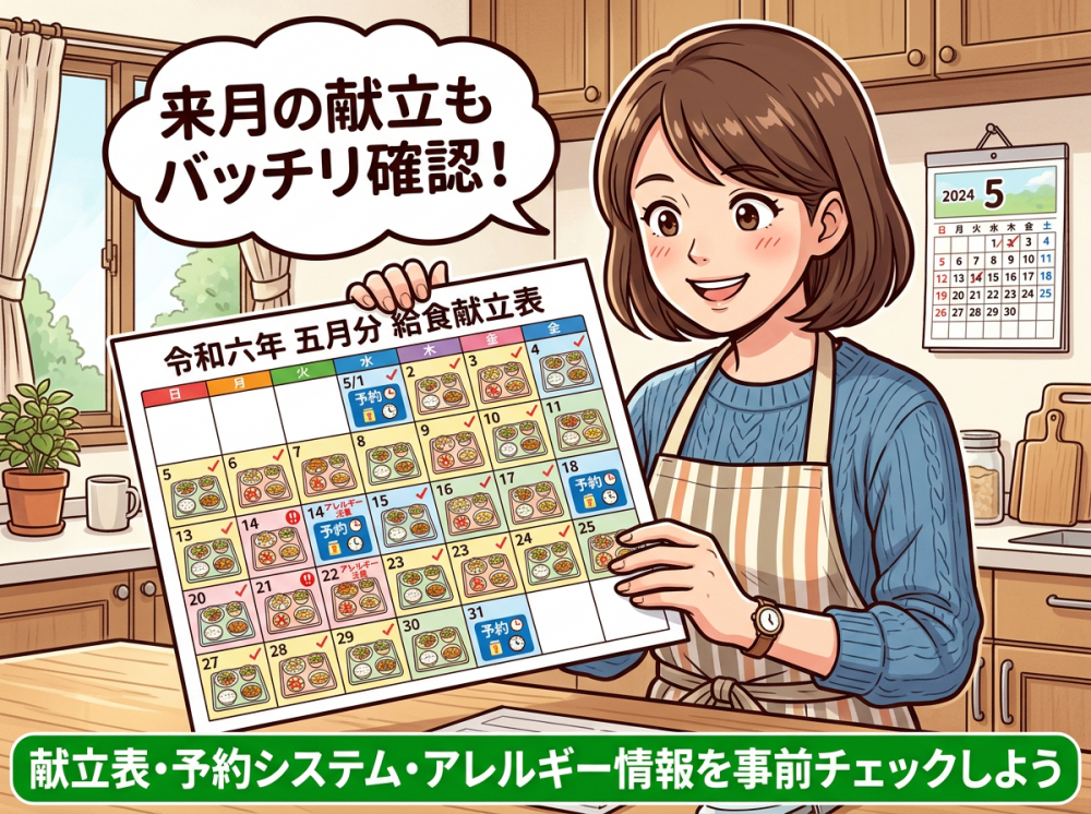 中学校給食の献立表や予約情報を事前に確認するイメージ