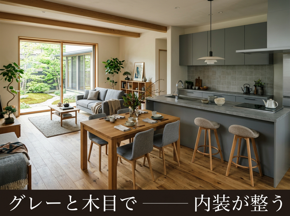 グレーキッチンとナチュラル木目の内装イメージ