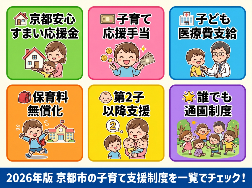 京都市の子育て世帯向け補助金と支援制度を一覧で比較するイメージ