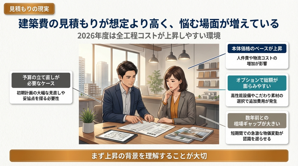 建築費の見積もりが上がって悩む住宅購入検討者のイメージ