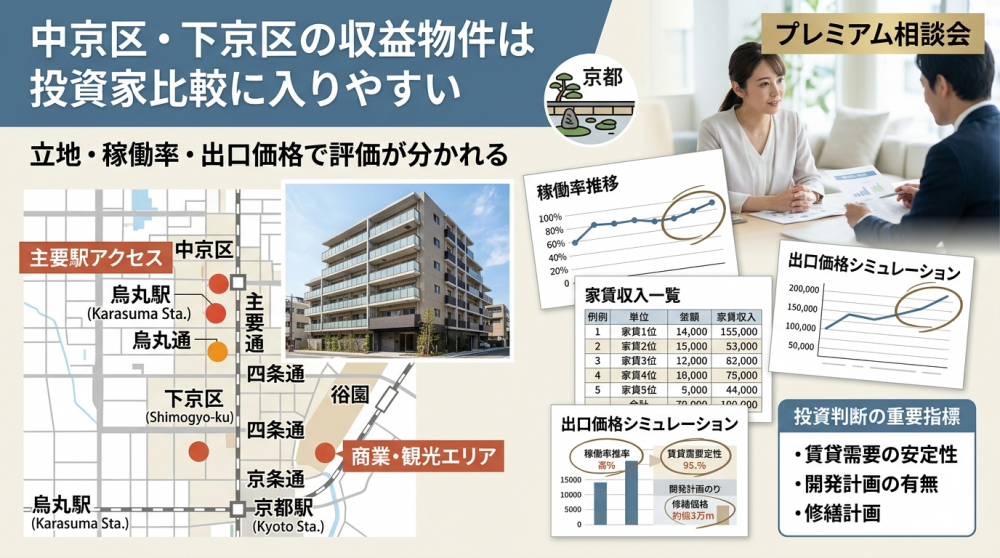中京区下京区の収益物件を投資家目線で評価するイメージ