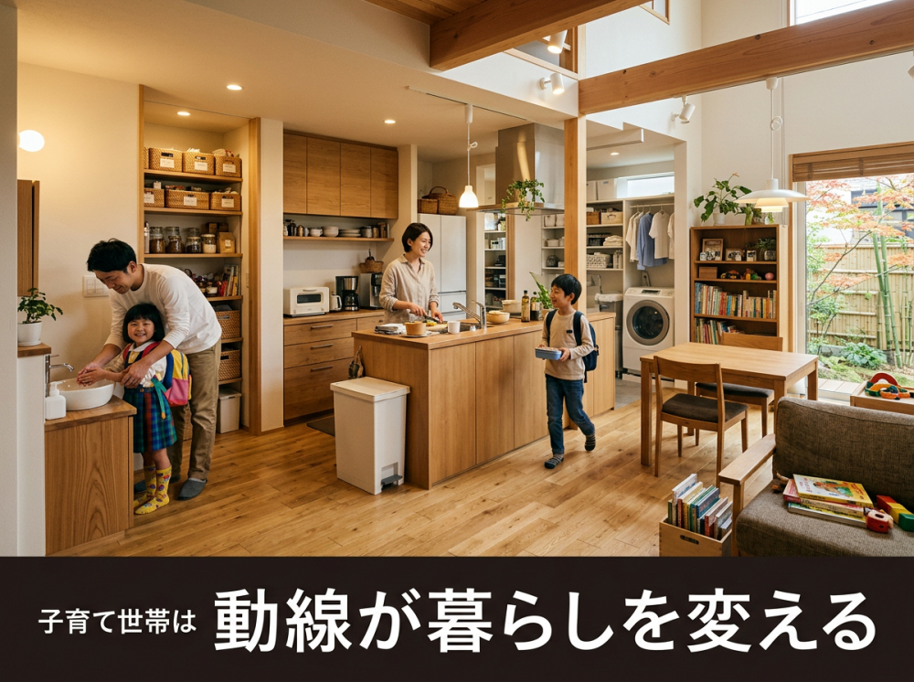 子育て世帯に人気の家事ラク動線がある新築戸建てイメージ