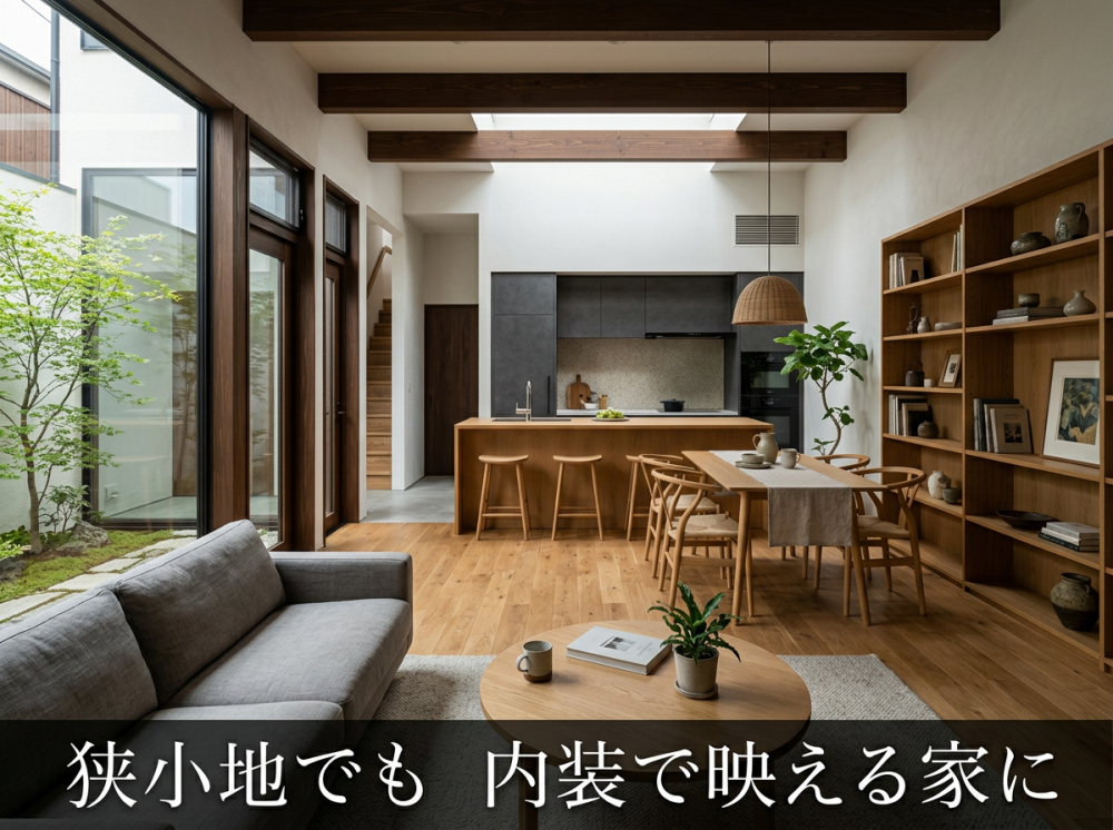 狭小地でも映えるグレーと木目の内装イメージ