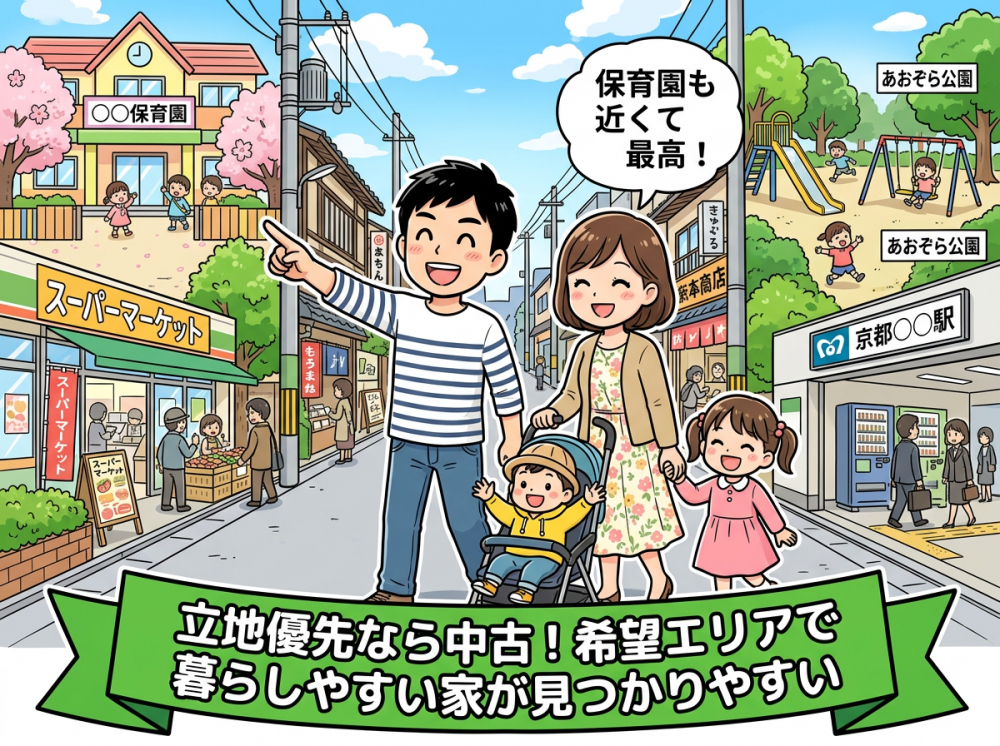 子育て世帯が中古住宅の立地や価格の良さを重視するイメージ