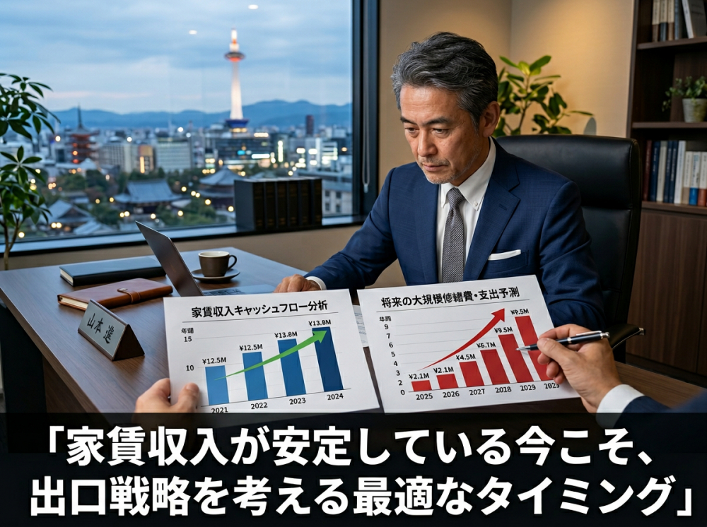 京都の一棟マンションの収支と売却時期を見比べるイメージ