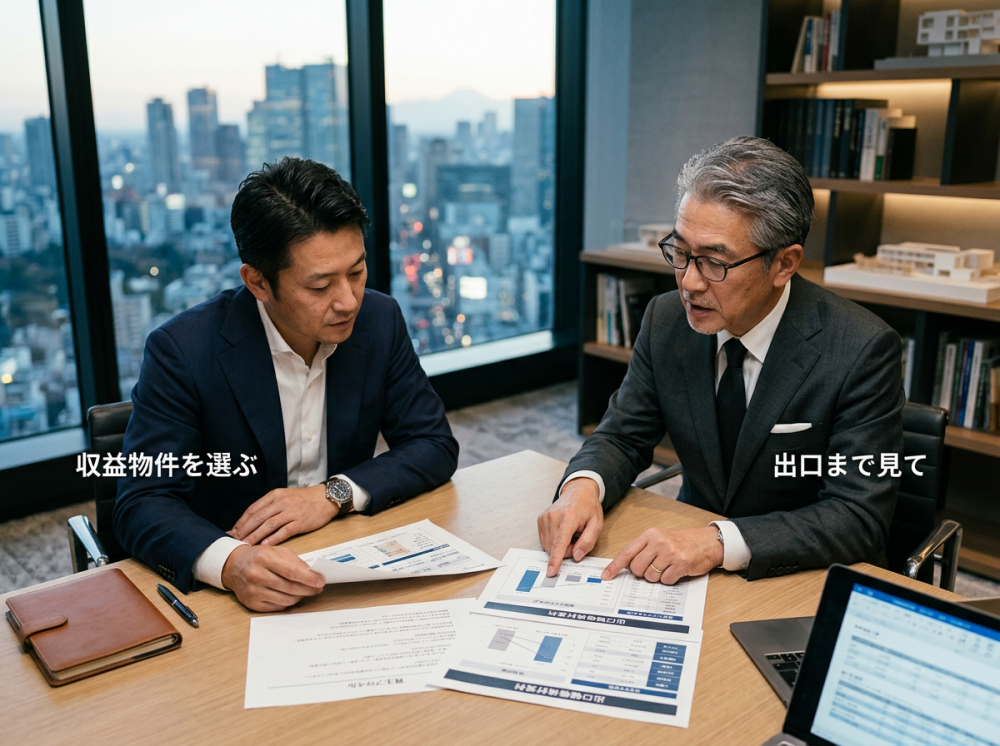 出口戦略を考えながら収益物件を見る投資家のイメージ