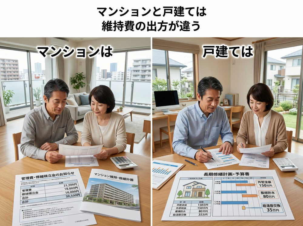 マンションと戸建ての維持費の違いを比較するイメージ