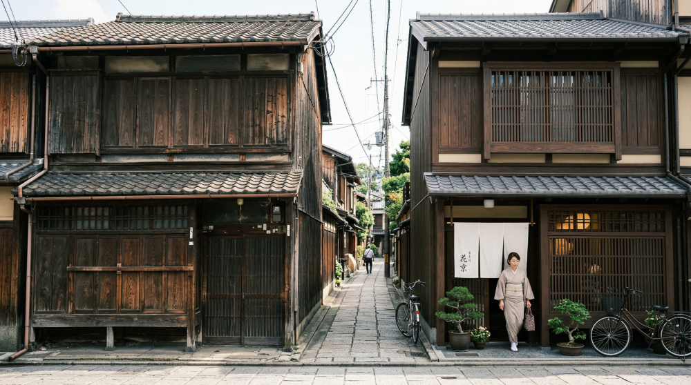 空き家化した町家と再生活用される町家をイメージする画像