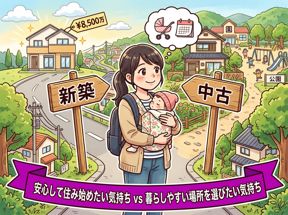 子育て世帯が立地と新しさで迷う住宅選びのイメージ