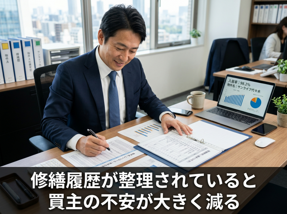 修繕履歴や建物管理の記録を確認するイメージ