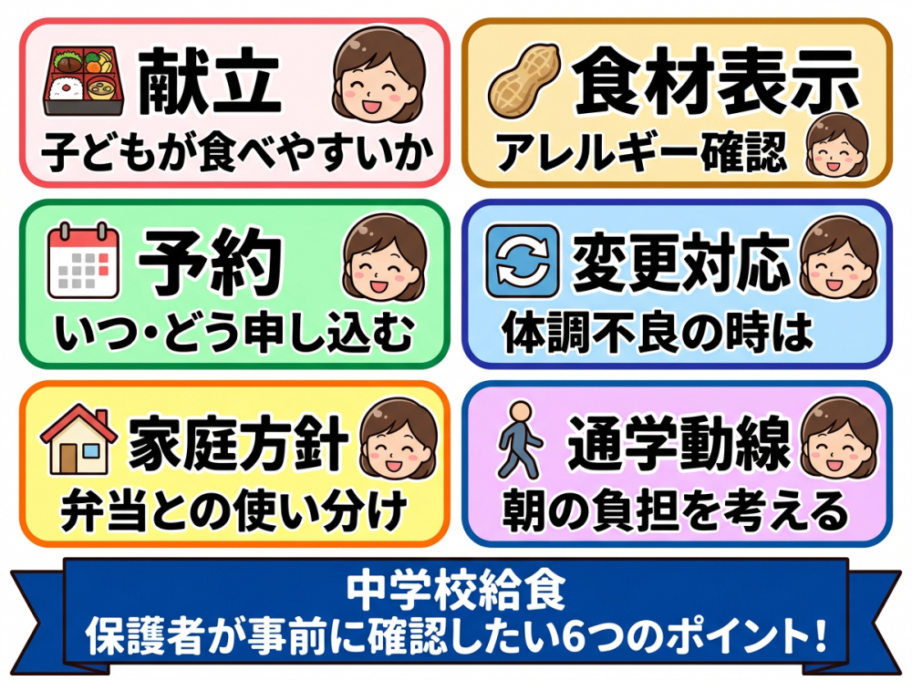 京都市の中学校給食で保護者が確認したいポイント一覧のイメージ
