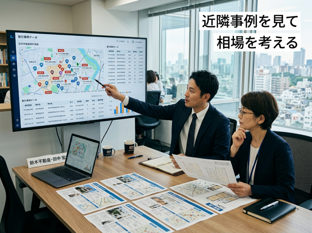 近隣成約事例を比較しながら査定価格を考えるイメージ