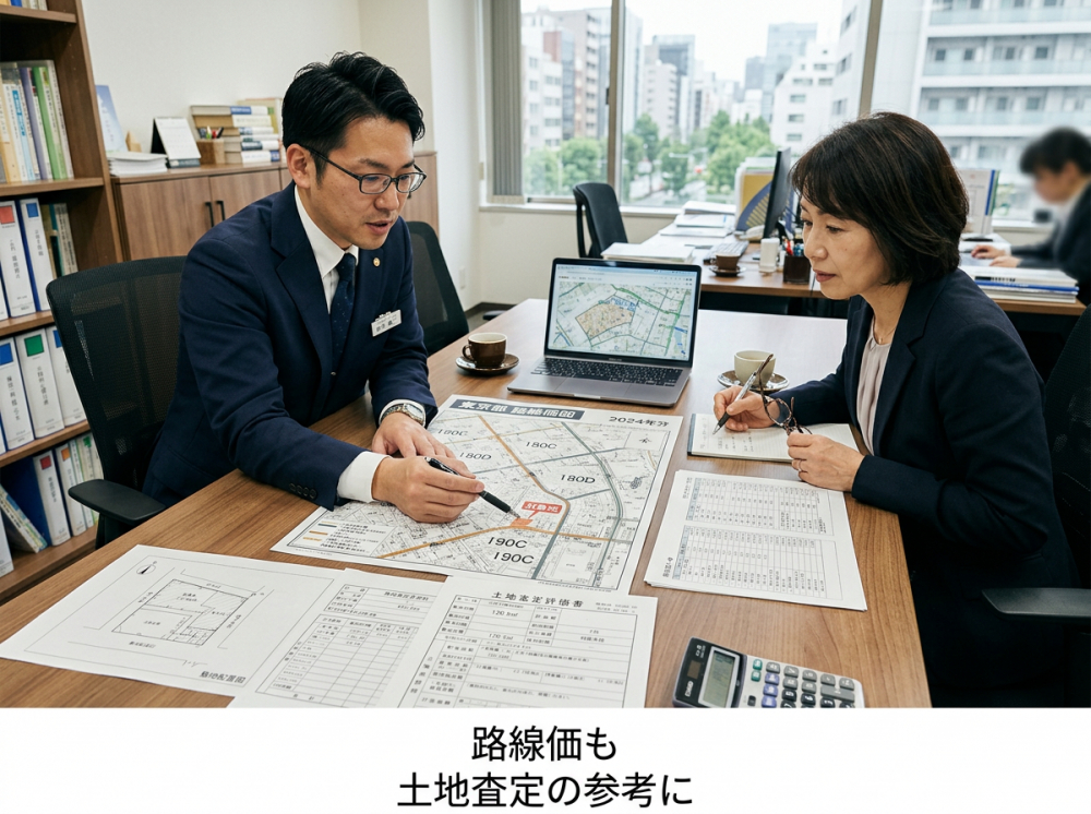 路線価や土地価格水準を参考に査定するイメージ