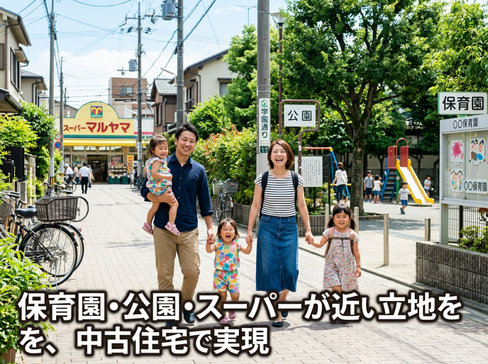 子育て世帯が立地重視で中古住宅を検討するイメージ